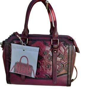 4890) Genuine Leather Maroon Embossed Leather Satchel Crossbody Handbag
